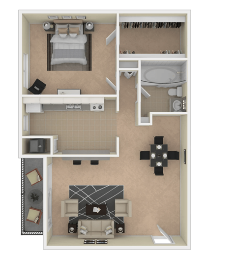 Floor plan for 1 bed, 1 bath, 682 sqft